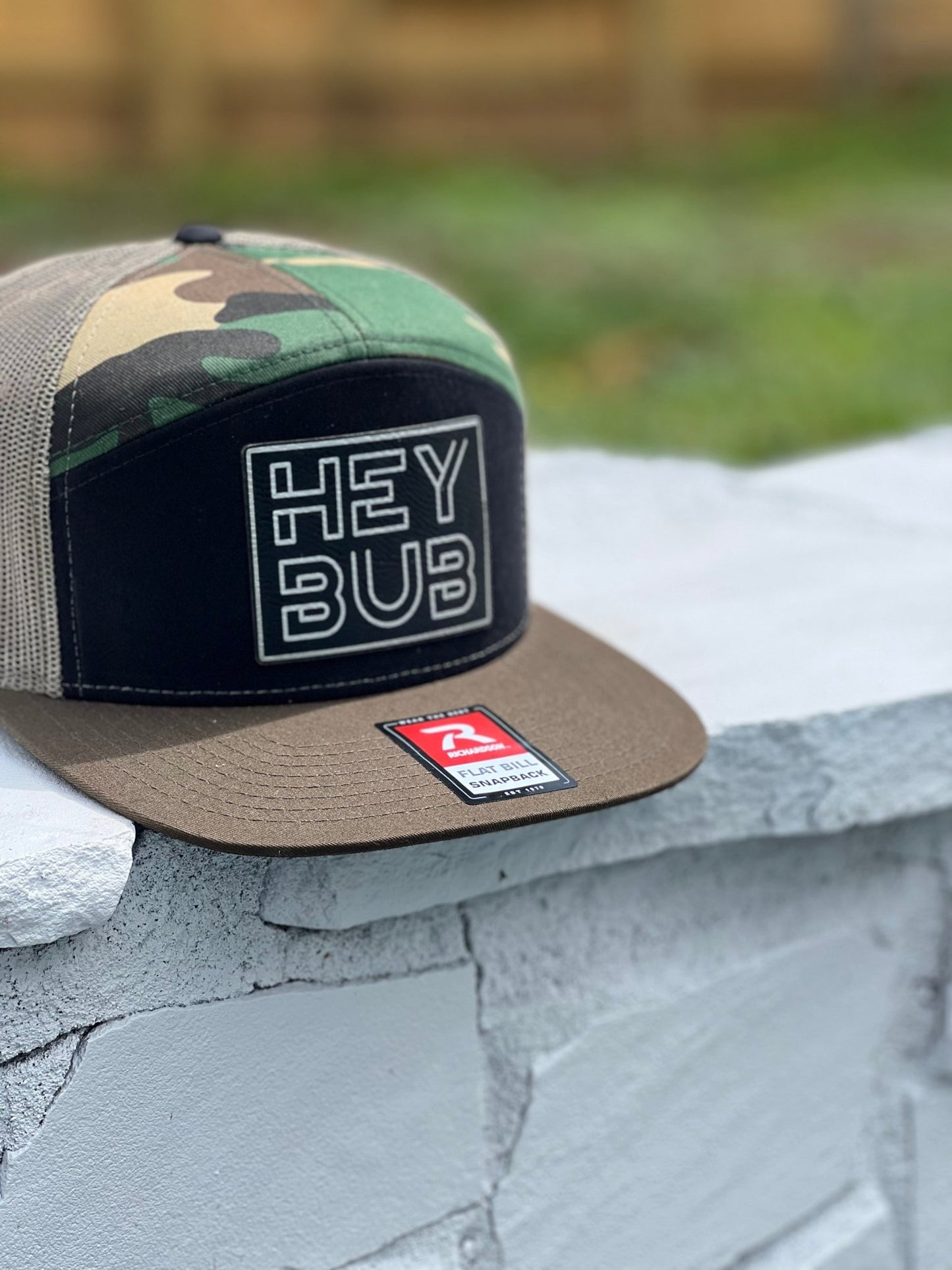 Hey Bub, 7 Panel Camo Trucker Snapback Hat (Flat Bill) - HEY BUB