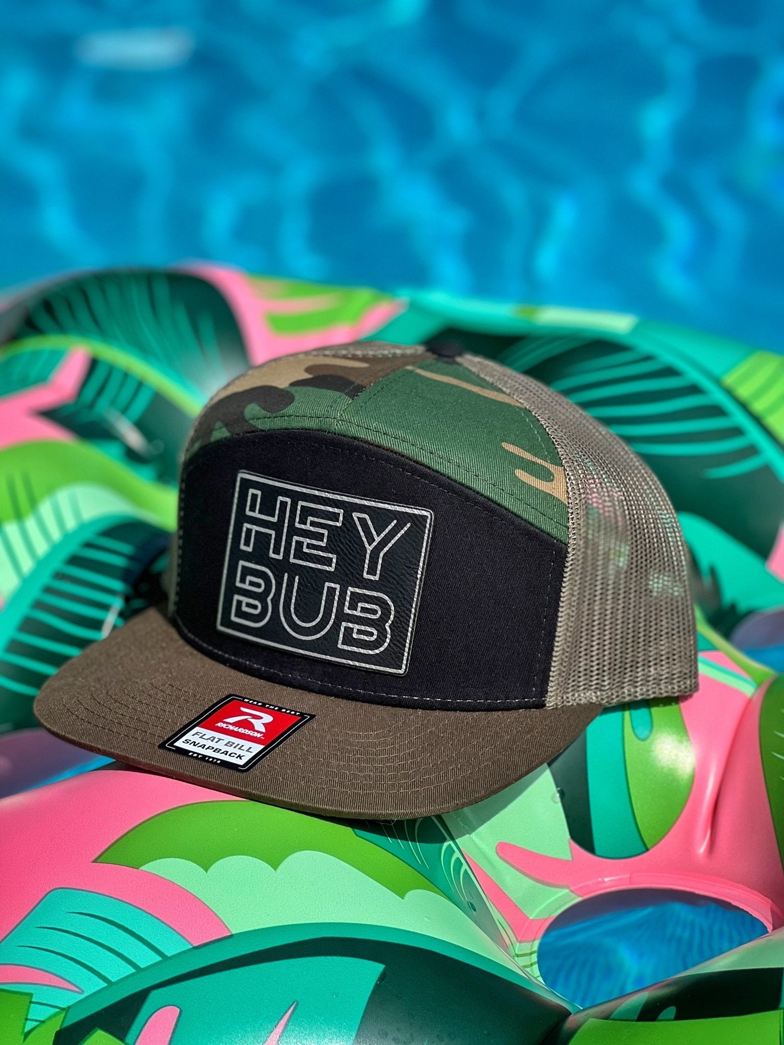 Hey Bub, 7 Panel Camo Trucker Snapback Hat (Flat Bill) - HEY BUB