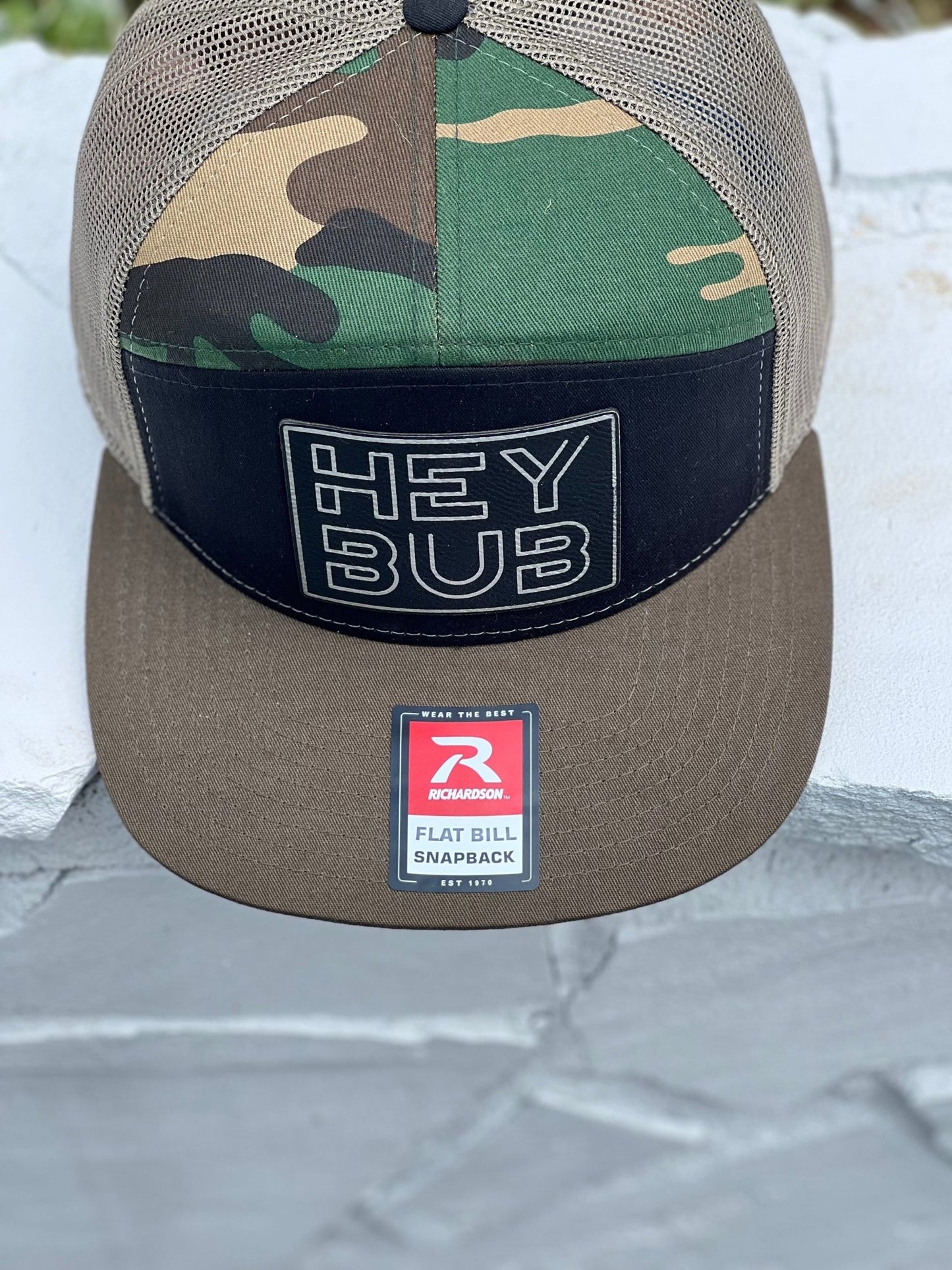 Hey Bub, 7 Panel Camo Trucker Snapback Hat (Flat Bill) - HEY BUB